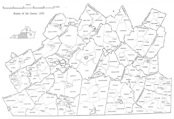 Map of Southside and Western Virginia showing magisterial districts in each county