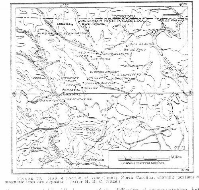 asheore1 Figure 13. Map of portion of Ashe County, North Carolina, showing locations of magnetic iron ore deposits