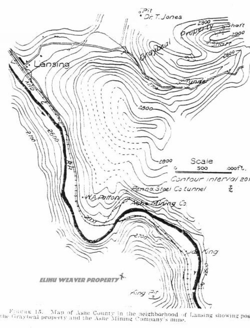 asheore2 Figure 15. Map of Ashe County in the neighborhood of Lansing showing positions of the Graybeal property and the Ashe Mining Company's mine.