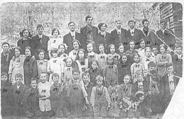 baldwin Numbers begin on the back row, left to right:
1. Flora Gentry, 2. Gurn Houck, 3. Flossie Phipps, 4. Andy Black, 5. Luke Houck, 6. Ola Gentry, 7. Jess Houck, 8. Ed Woods, 9. Winn Edwards, 10. Earl Woods, 11. Loss Edwards, 12. Laura Houck, 13. Annie Stevens, 14. Ollie Greer, 15. Dorn Houck, 16. Carrie Grubb, 17. Anna Trivette, 18. Mildred Greer, 19. Ruby Grubb, 20. Biddie Worley, 21. Hazel Houck, 22. Matilda Wood, 23. Mary Houck, 24. Mae Worley, 25. Lena Houck, 26. Lottie Grubb, 27. Ethel Roten, 28. Bulah Carlton, 29. Docie Carlton, 30. Ann Houck, 31. Fred Gentry, 32. Ethel Wood, 33. Thelma Roten, 34. Fielder Houck, 35. Mac Edwards, 36. Lonnie Gentry, 37. Wint Gentry, 38. Tom Worley, 39. Emory Church, 40. Owen Trivette, 41. Charles Stevens, 42. Clarence Carlton, 43. Bower Gentry, 44. Jess Gentry, 45. Stacy Houck, 46. Vance Goodman, 47. Robert Goodman